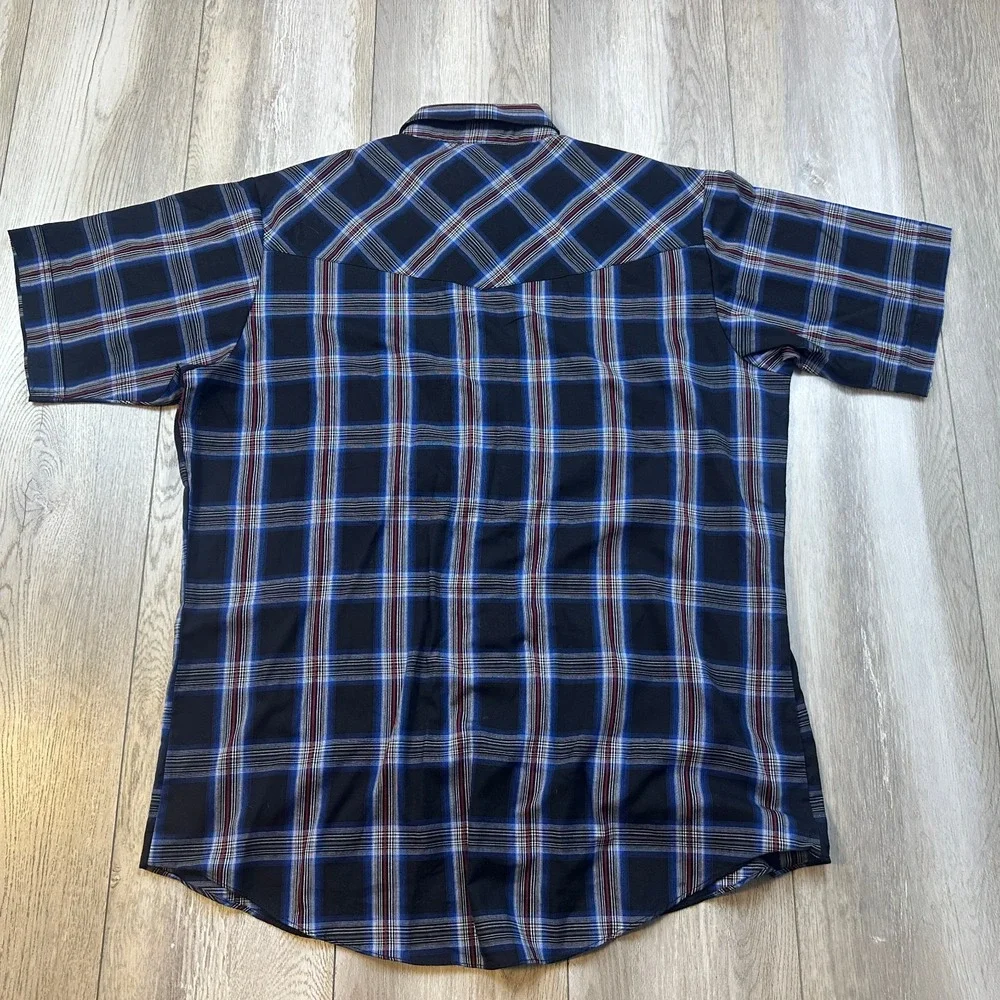 Ely Cattleman Mens Large Blue Red Plaid Pearl Snap Short Sleeve Western Shirt